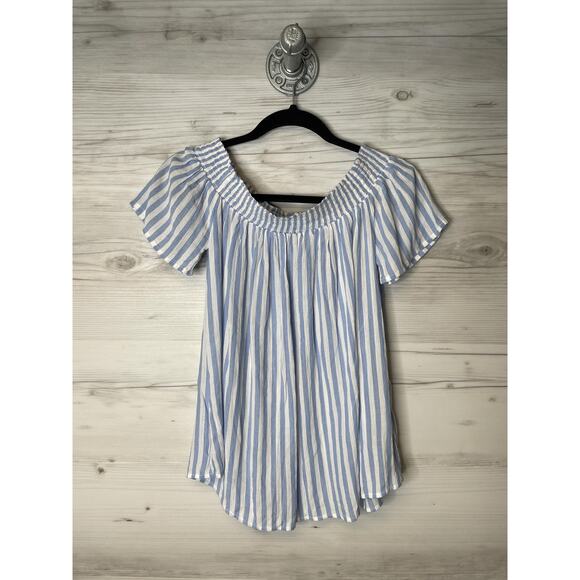 Old Navy Shirt Womens Small Blue White Striped Smocked Short Sleeve Rayon Boho - Picture 1 of 9